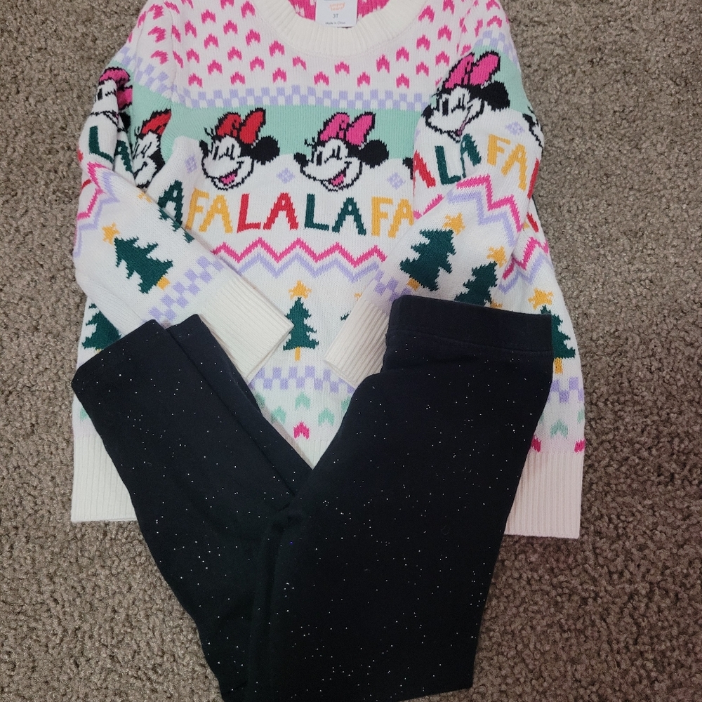 Toddler Girl Minnie Mouse Christmas Sweater With Sparkle Leggings